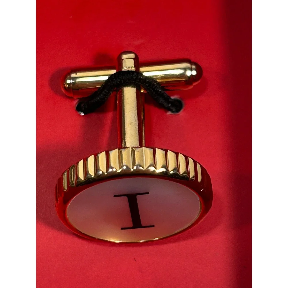 Gold Tone Initial I Monogram Cufflinks Round Mother of Pearl Style Inlay Boxed